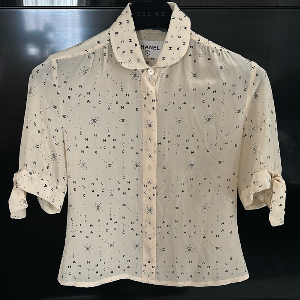 Vintage 90s CHANEL CC Monogram Silk Logo Blouse – Karl Lagerfeld Era